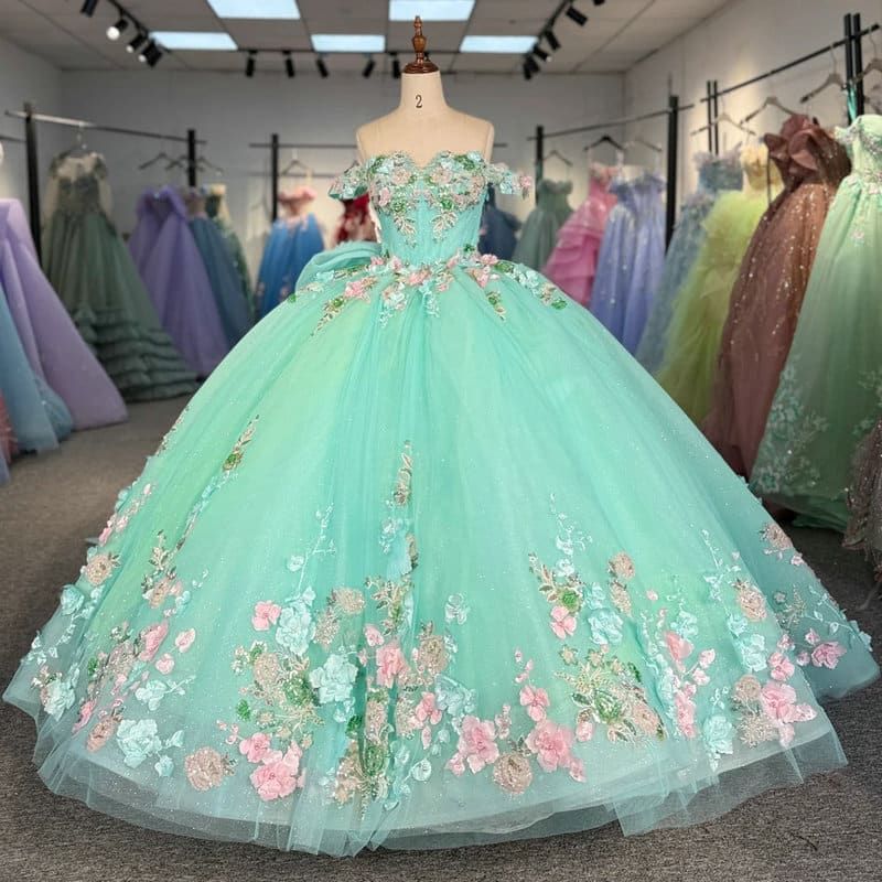 Mint Green Ball Gown with Pink and Blue Floral Appliques — Sweet 16 Dresses