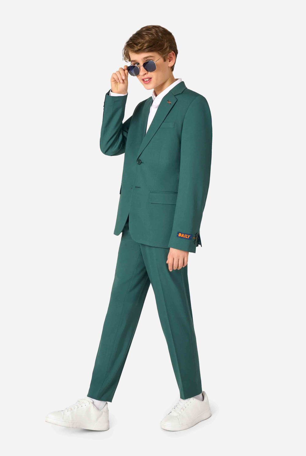 Modern Formal: Fitted Green Suit with Sunglasses Modern Formal: Fitted Green Suit with Sunglasses — Boys Outfits