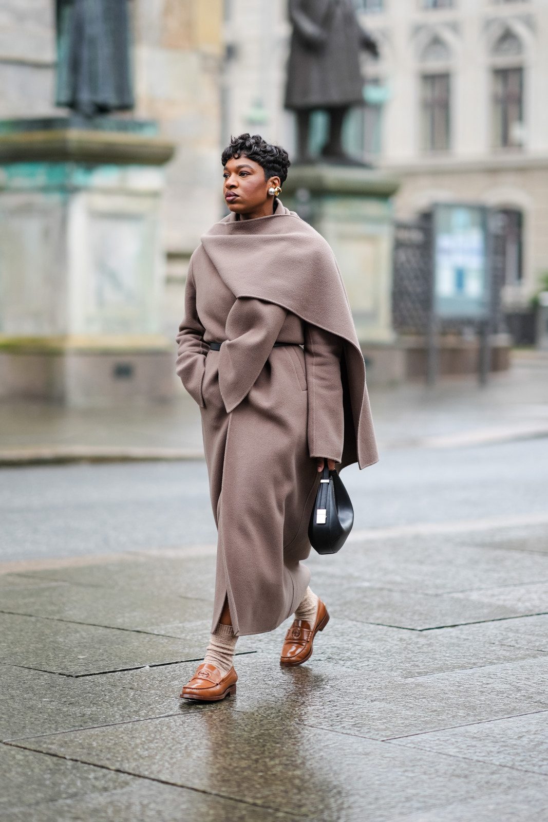 Effortless Outdoor Style: Tan Socks with Brown Loafers and a Wrap Coat Effortless Outdoor Style: Tan Socks with Brown Loafers and a Wrap Coat — Socks with Loafers Outfits