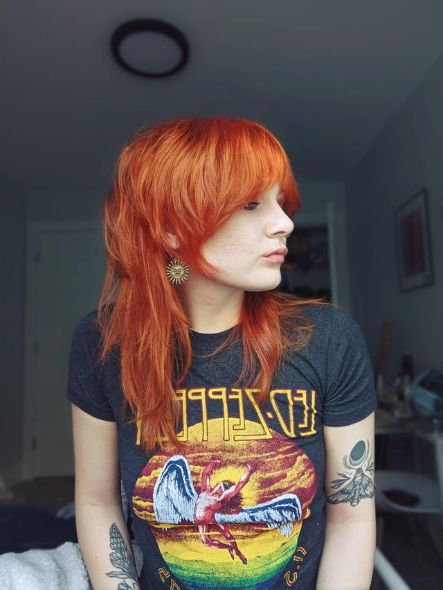 Bright Orange Shaggy Mullet With Curtain Bangs Bright Orange Shaggy Mullet With Curtain Bangs — Orange Hair