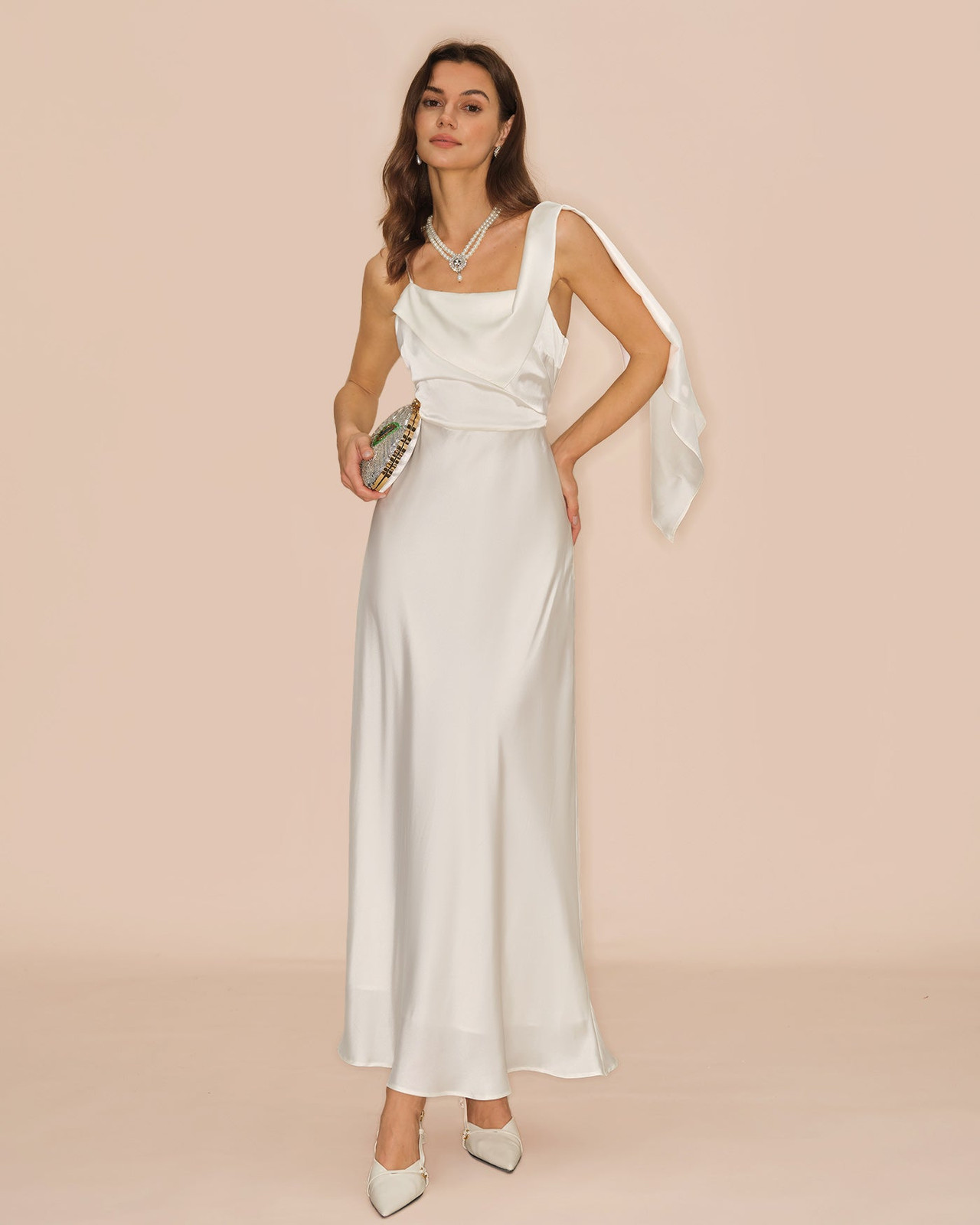 White Satin Slip Maxi Dress with Draped Shoulder Detail — Graduation Dresses