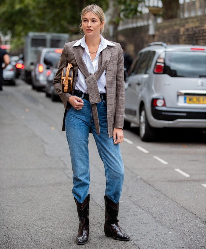 Dark Brown Cowboy Boots with Jeans and Plaid Blazer — Cowboy Boots Outfits