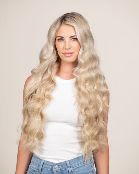 Ash Blonde Long Voluminous Waves — Halo Extensions Hairstyles