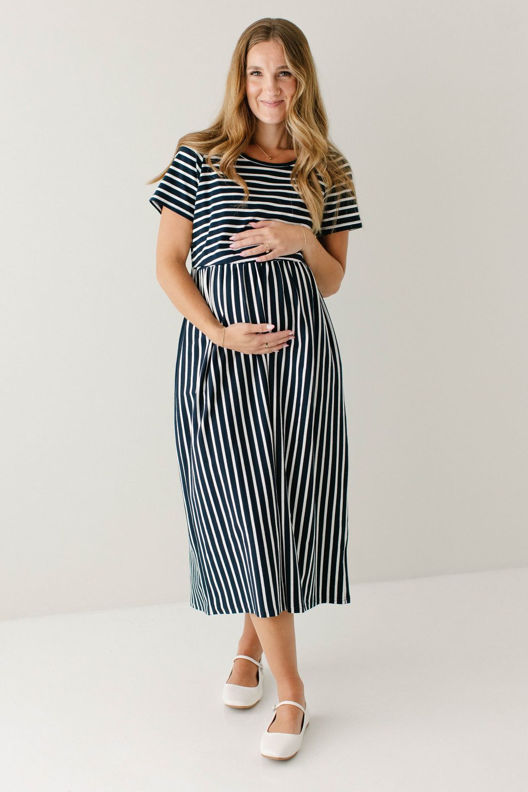 Navy and White Striped Midi Dress for Daytime Outings — Nursing Friendly Dresses
