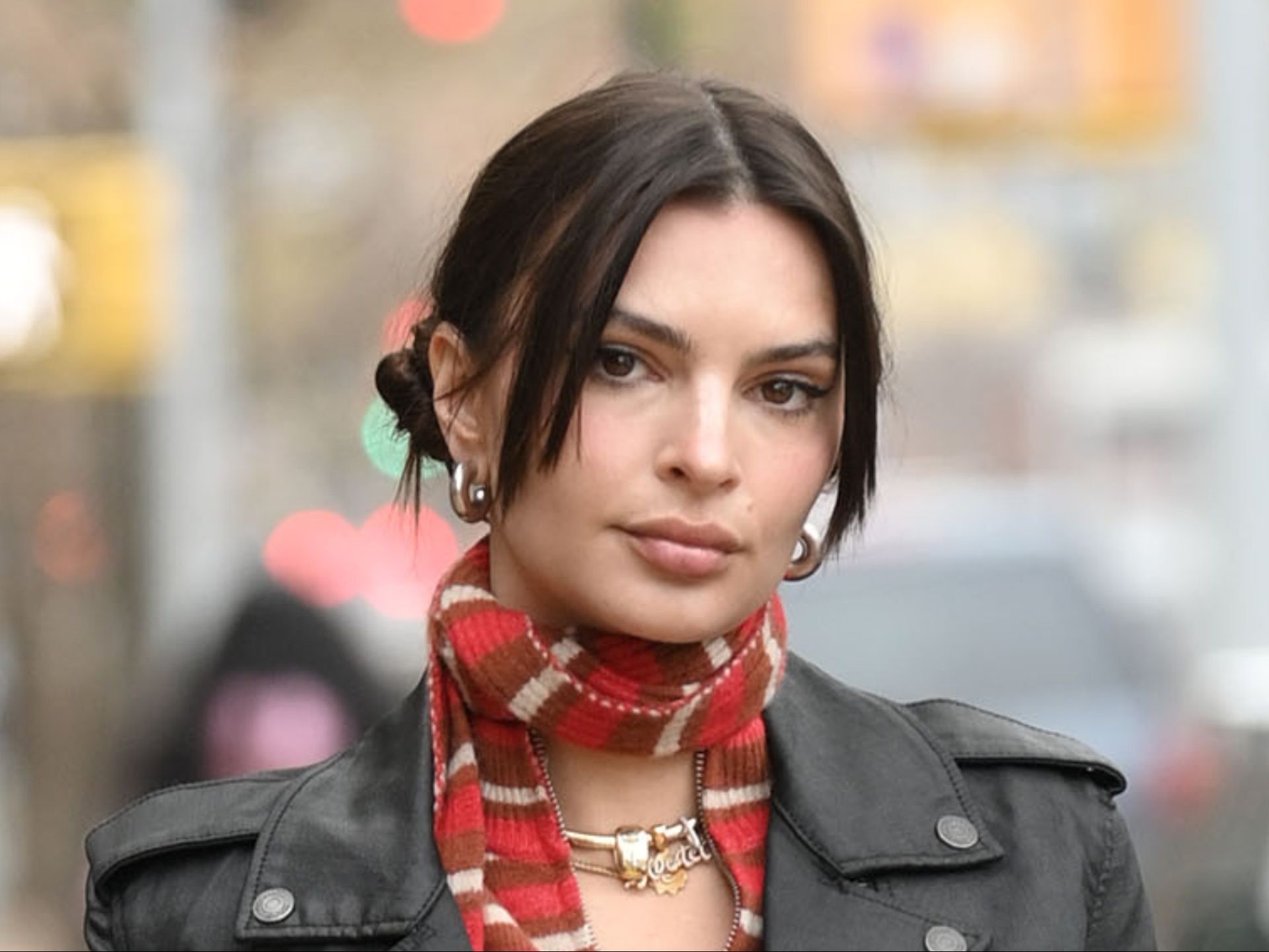 Leather Jacket with Striped Scarf and Hoop Earrings — Indie Sleaze Outfits