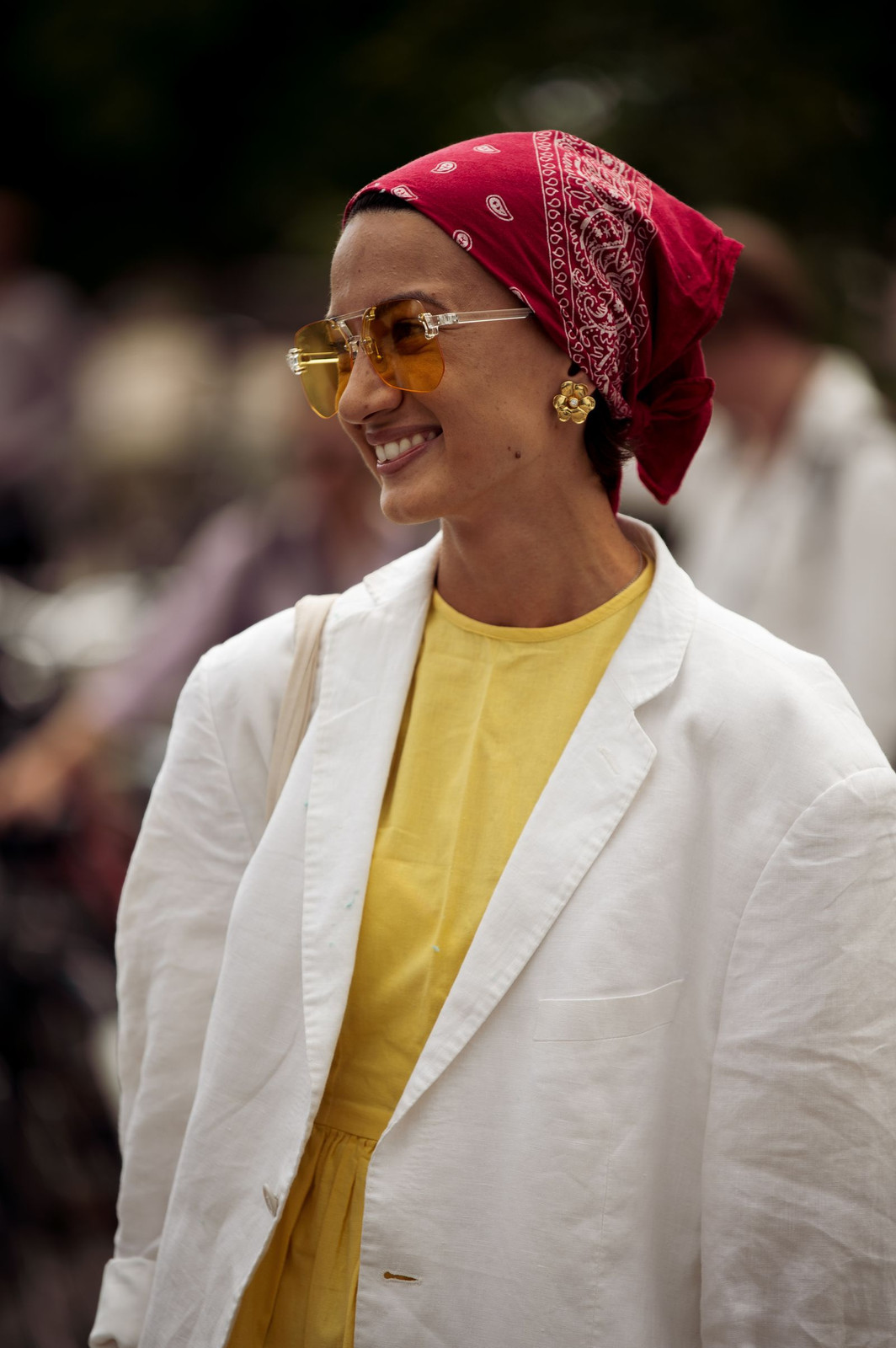 Smart Casual: Red Bandana with Linen Blazer — Headscarf Outfits