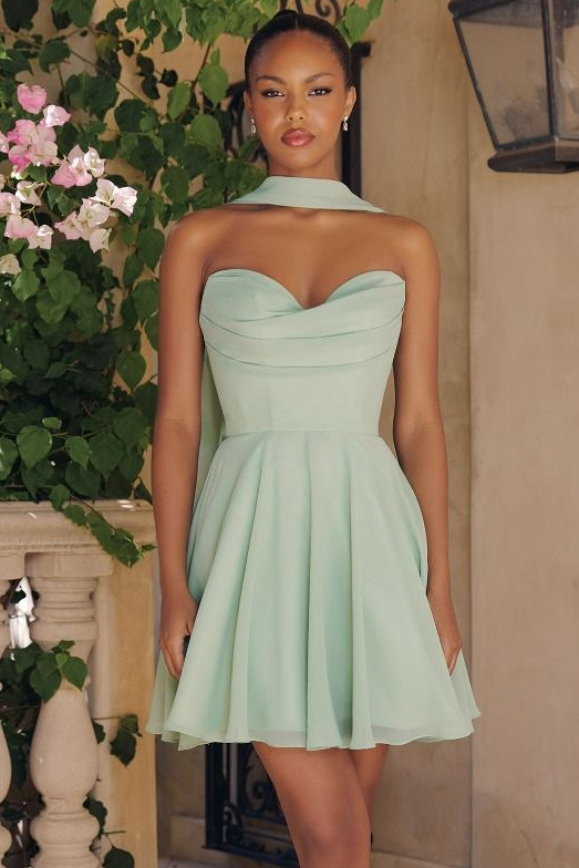 Pale Mint Green Strapless Chiffon Dress with Scarf Detail Pale Mint Green Strapless Chiffon Dress with Scarf Detail — Sweet 16 Guest Outfits
