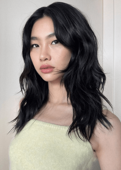 Dark Brown Thick Wavy Collarbone Shag With Curtain Bangs Dark Brown Thick Wavy Collarbone Shag With Curtain Bangs — Hush Cut