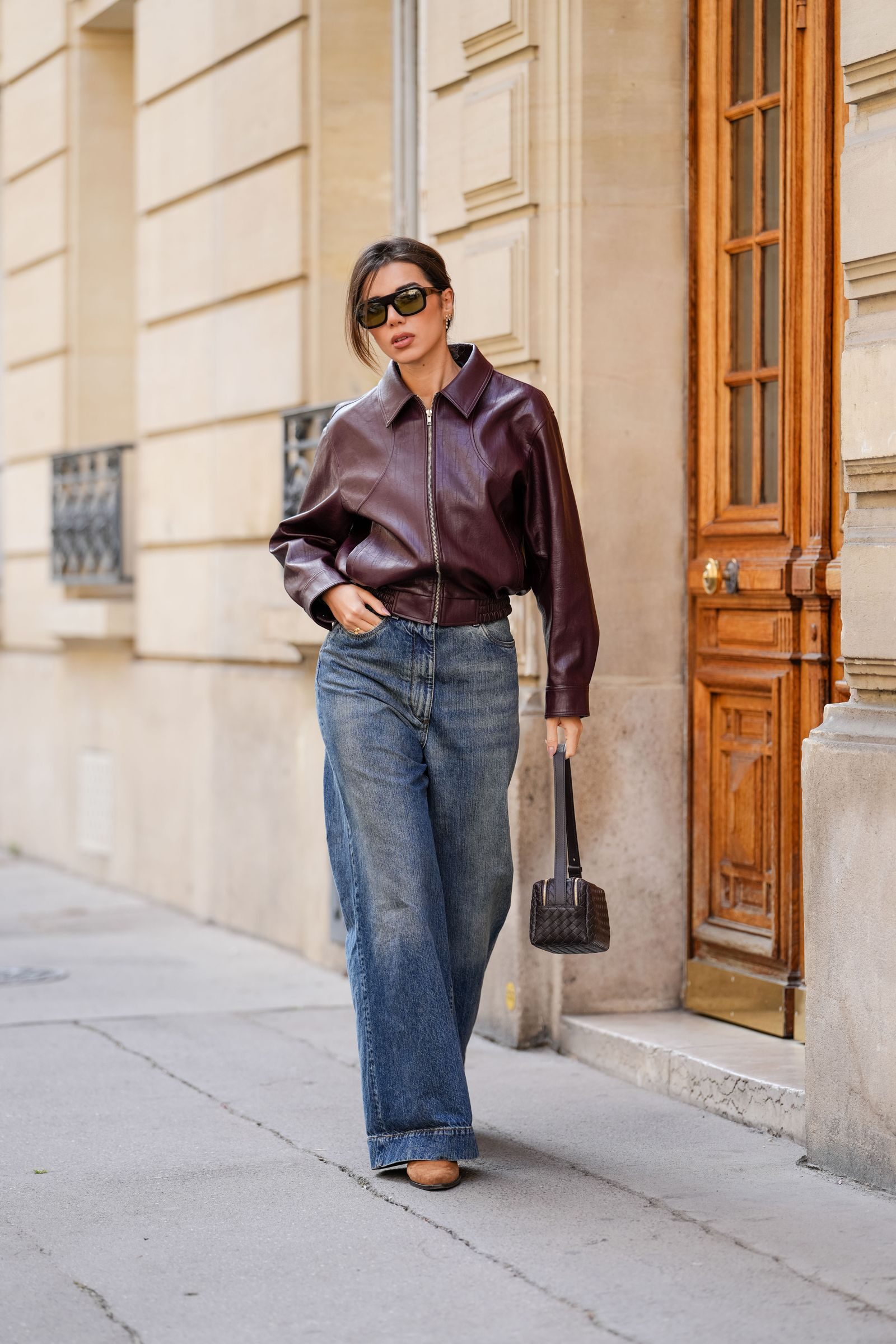 Burgundy Leather Bomber with Relaxed Denim — Bomber Jacket Outfits
