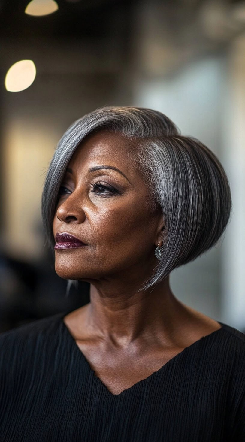 Sleek Angled Gray Bob With Sharp Line