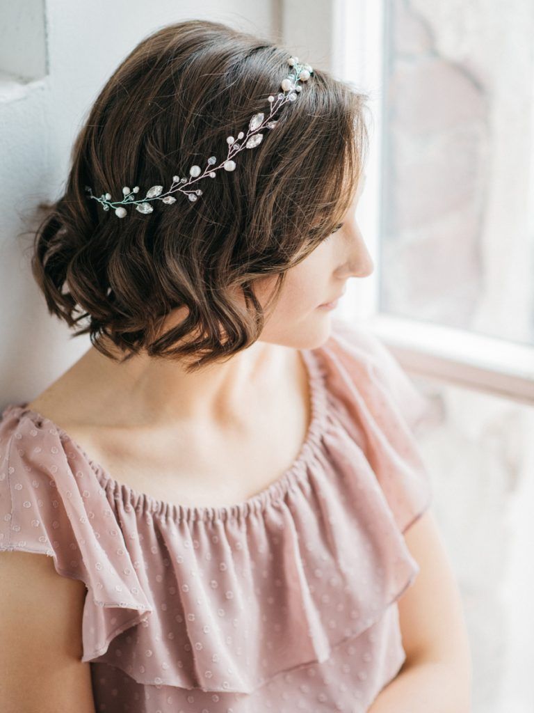 Chin-Length Dark Brown Bob With Jeweled Headband — Wedding Hairstyles for Short Hair