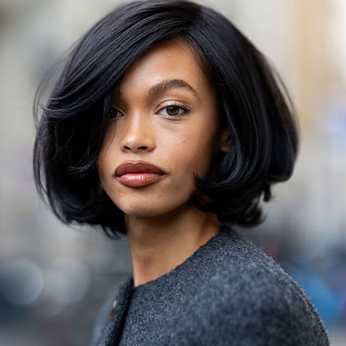 Glossy Jet Black Bob With Curled Ends Glossy Jet Black Bob With Curled Ends — Chin Length Bob