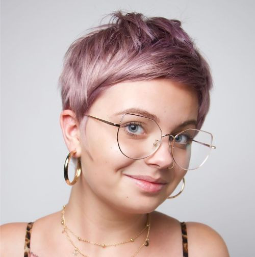 Light Purple Wavy Pixie With Textured Bangs Light Purple Wavy Pixie With Textured Bangs — Pixie with Glasses