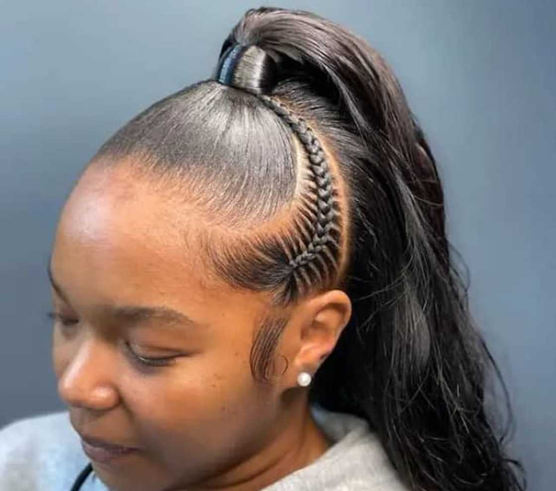 Mid-Back Braided Ponytail With Side Cornrows Mid-Back Braided Ponytail With Side Cornrows — Braided Ponytail for Black Women