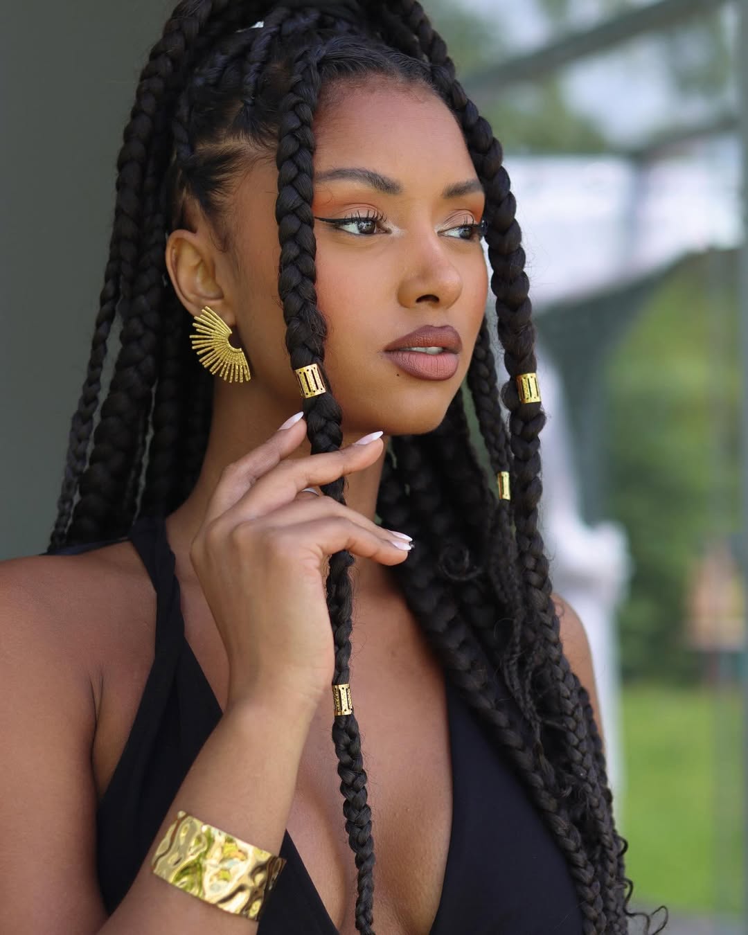 No Bangs Chin-Length Box Braids With Gold Cuffs