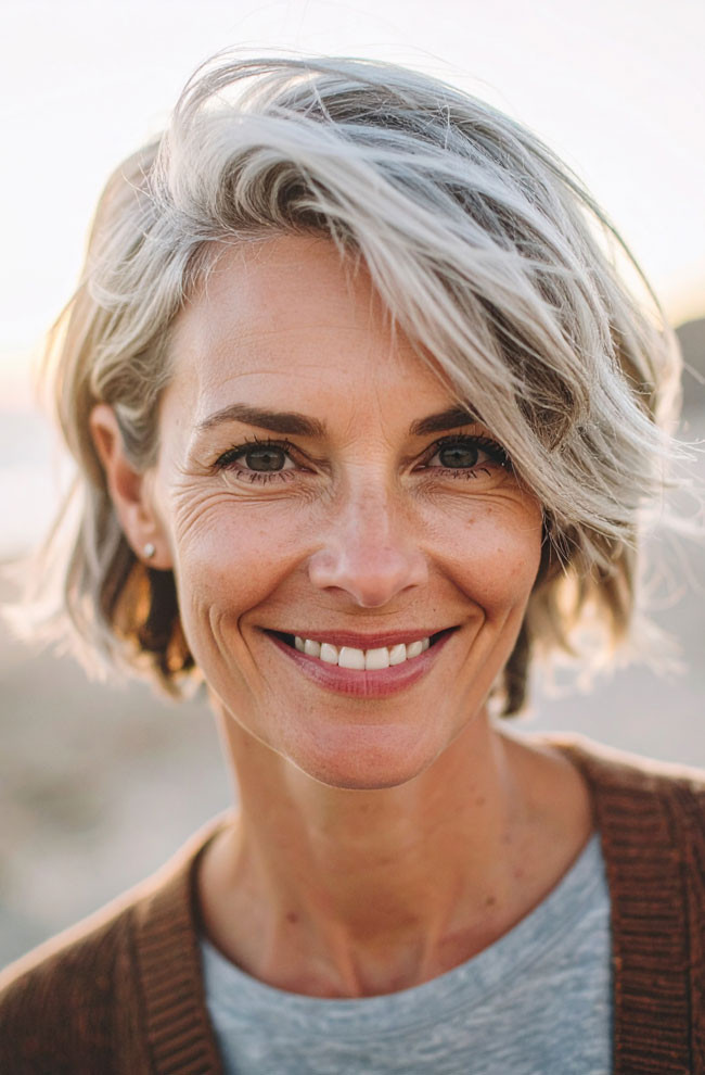 Textured Silver Blonde Crop Textured Silver Blonde Crop — Blonde Hair Over 40