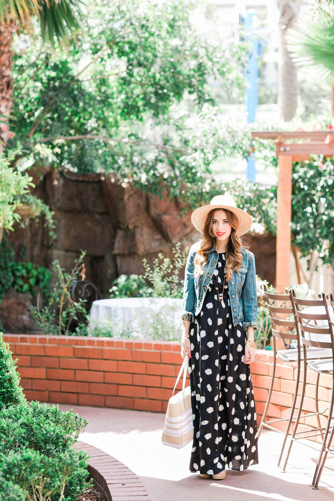 Daisy Print Maxi Dress with Denim Jacket for Garden Parties Daisy Print Maxi Dress with Denim Jacket for Garden Parties — Maxi Dress Outfits