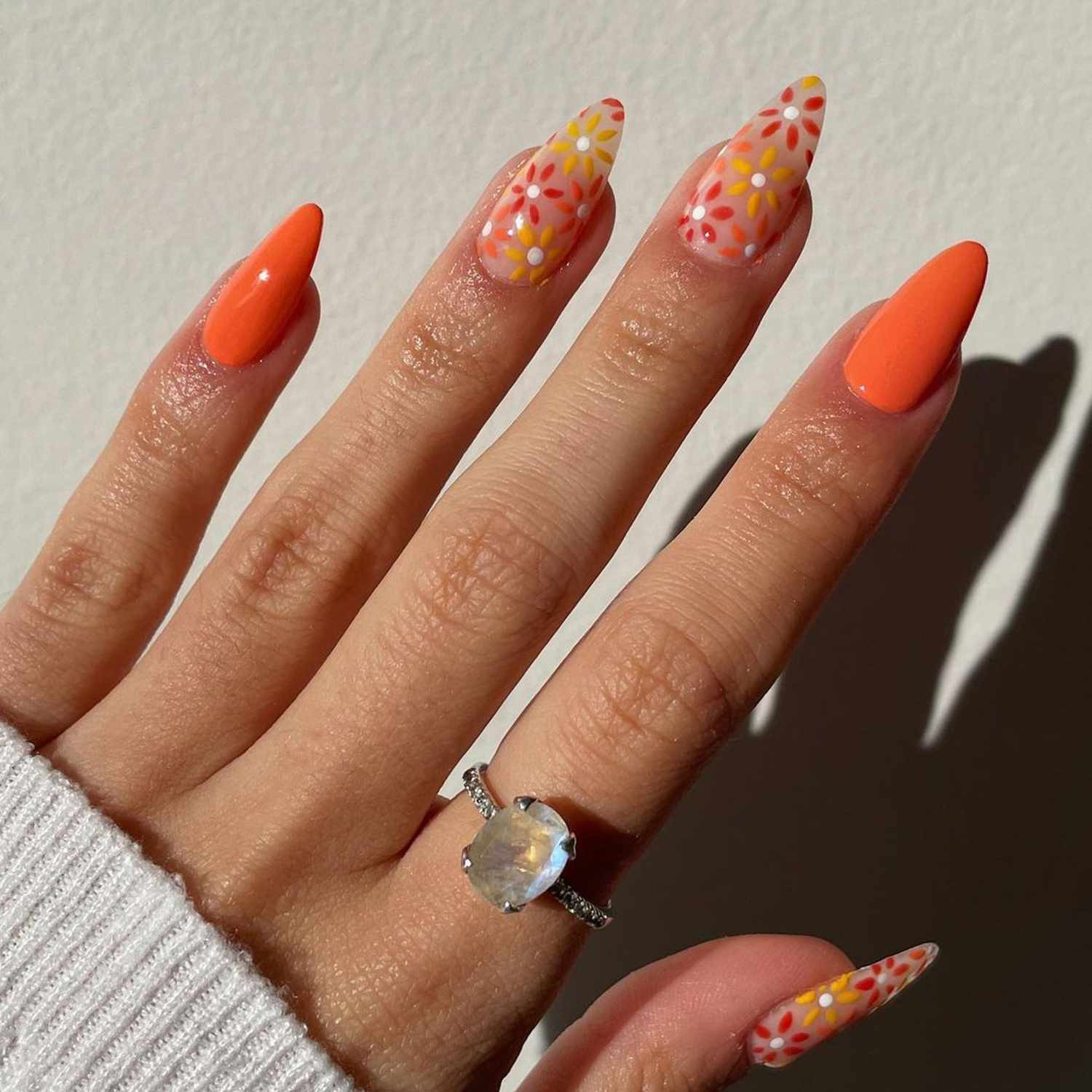 Bright Orange Floral Stiletto Nails — Festival Nails