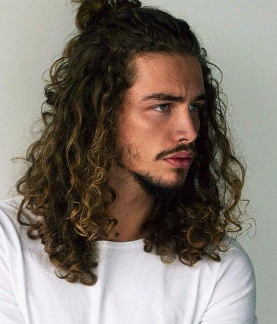 Curly Half-Up Bun With Balayage — Long Hairstyles for Men