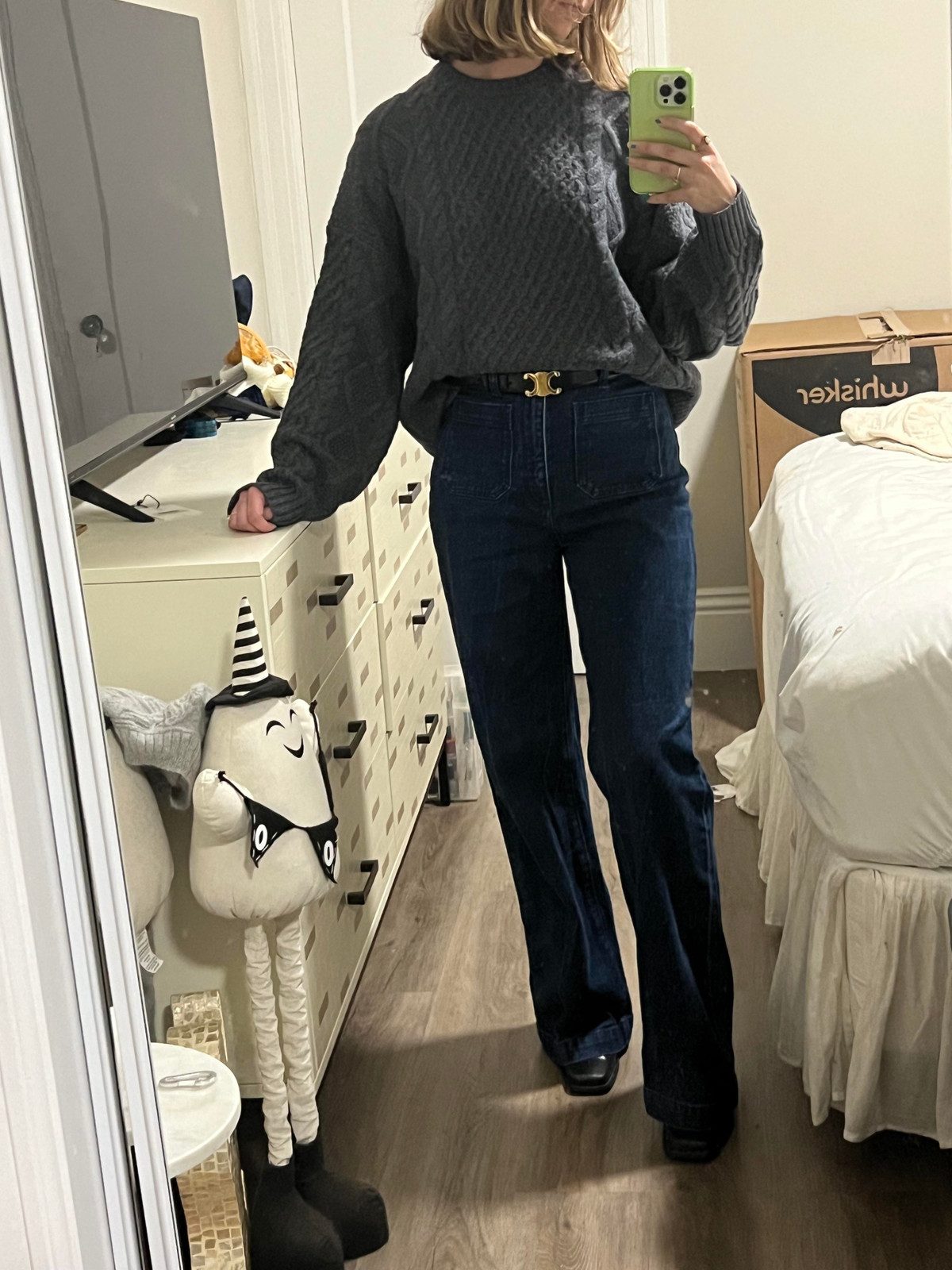 Cozy Professionalism: Grey Cable-Knit Sweater with Flared Jeans — Therapist Outfits
