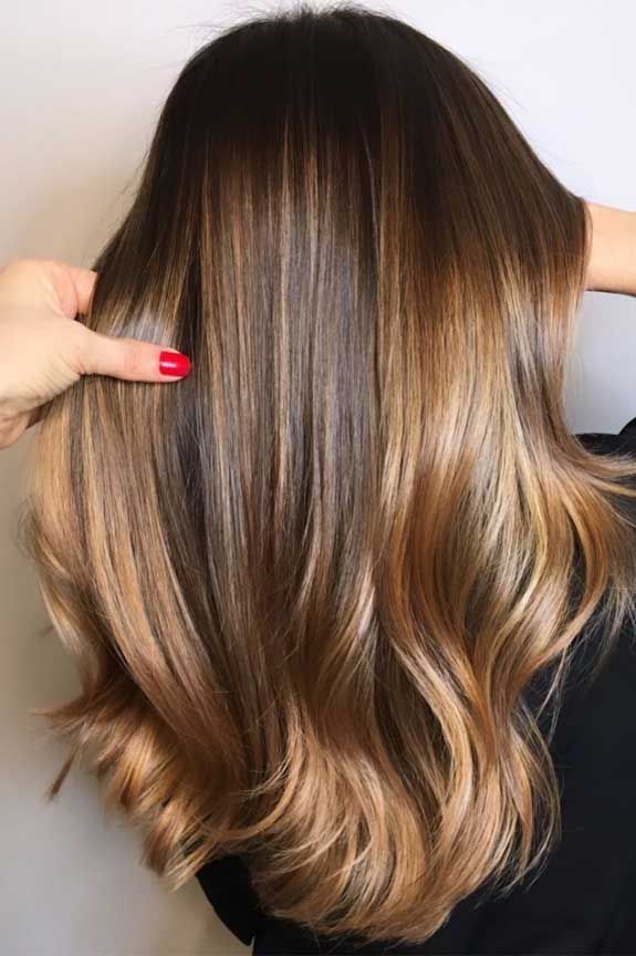 Dark Brown With Caramel Blonde Balayage — The Hair Is Thick And Wavy Dark Brown With Caramel Blonde Balayage — The Hair Is Thick And Wavy — Balayage Over 40