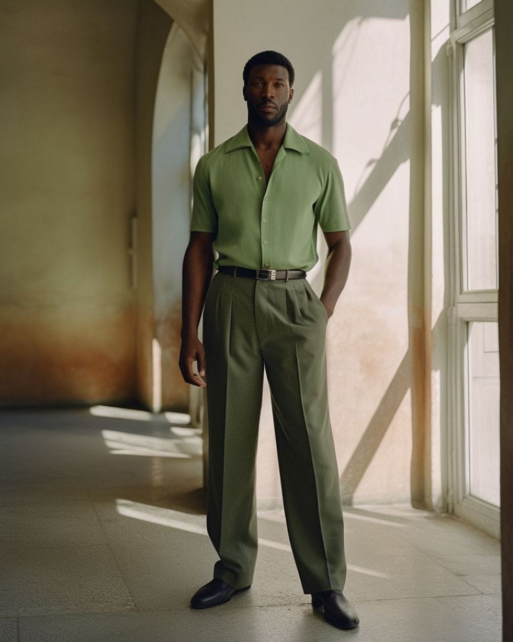 Vibrant Green Short-Sleeve Collared Shirt with Wide-Leg Trousers Vibrant Green Short-Sleeve Collared Shirt with Wide-Leg Trousers — Outfits for Men