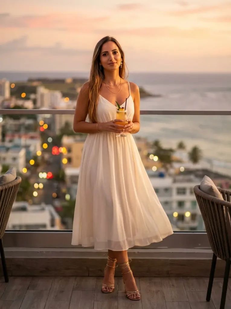 Flowing White Chiffon Dress for Rooftop Cocktails Flowing White Chiffon Dress for Rooftop Cocktails — Puerto Rico Outfits