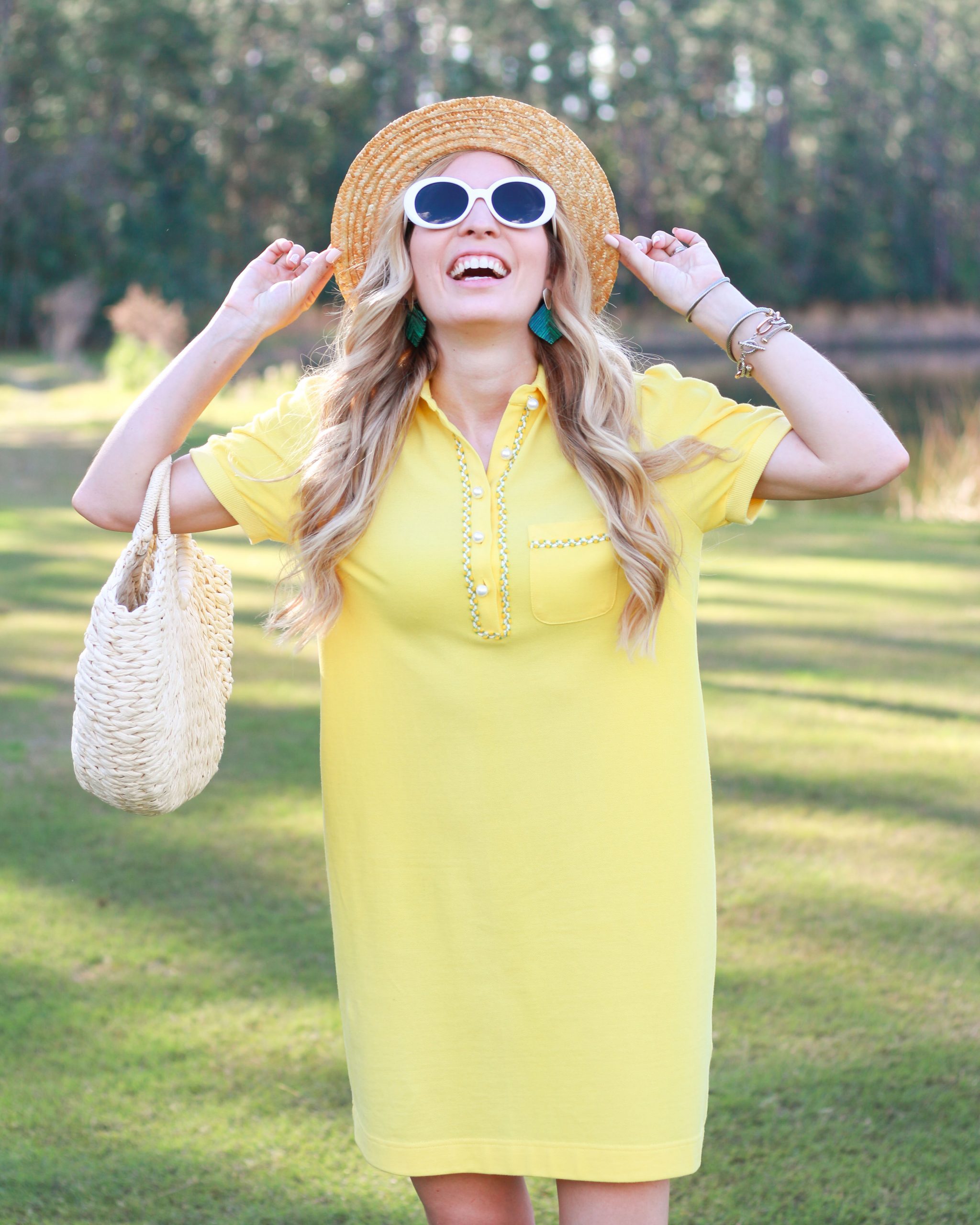 Bright Yellow Polo Dress with Straw Hat and Woven Bag — Golf Tournament Outfits