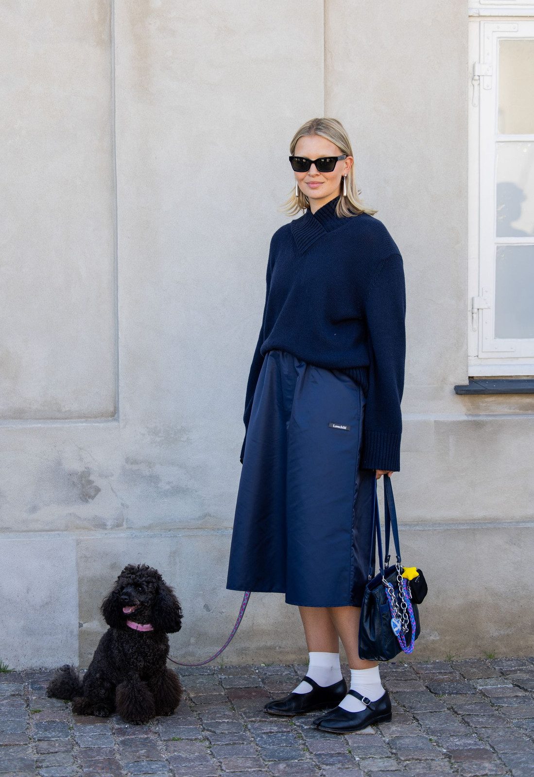 Monochromatic Navy Midi Skirt and Sweater with Black Mary Janes — Chunky Mary Janes Outfits