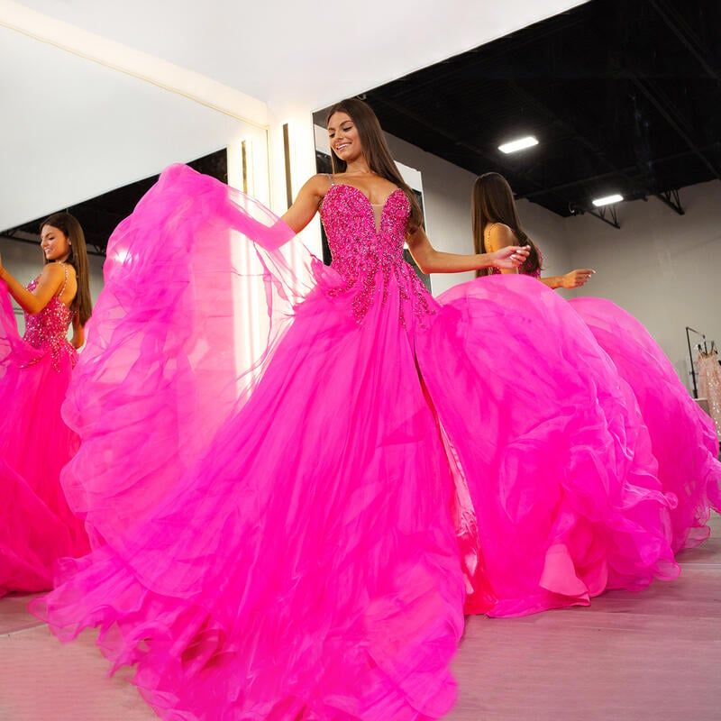 Hot Pink Ballgown with Embellished Bodice and Ruffled Skirt Hot Pink Ballgown with Embellished Bodice and Ruffled Skirt — Pageant Dresses