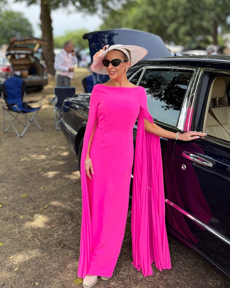 Hot Pink Maxi Dress with Pleated Cape Sleeves and Pink Hat — Kentucky Derby Outfits
