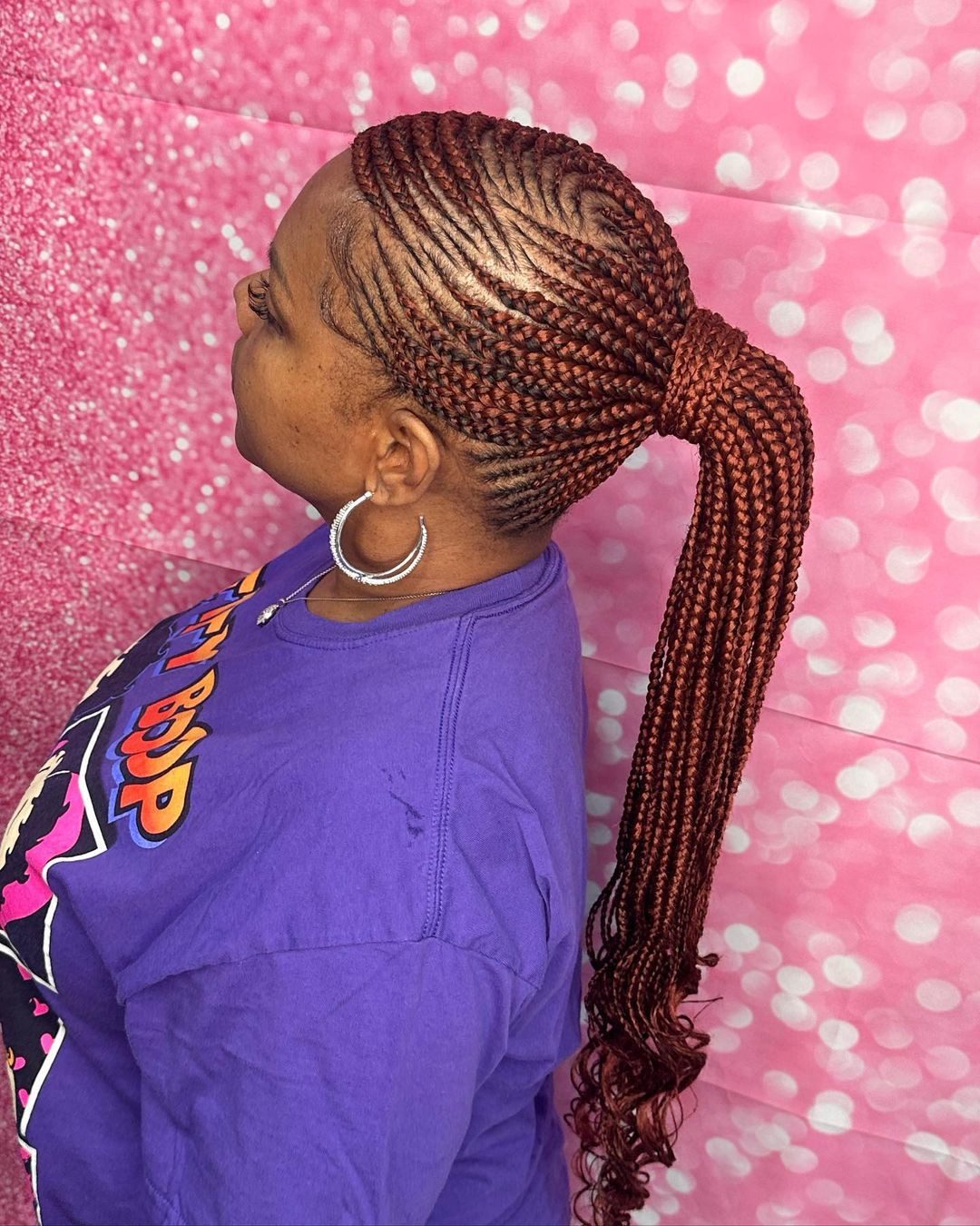 Reddish-Brown Stitch Braids Ponytail — Red Braids