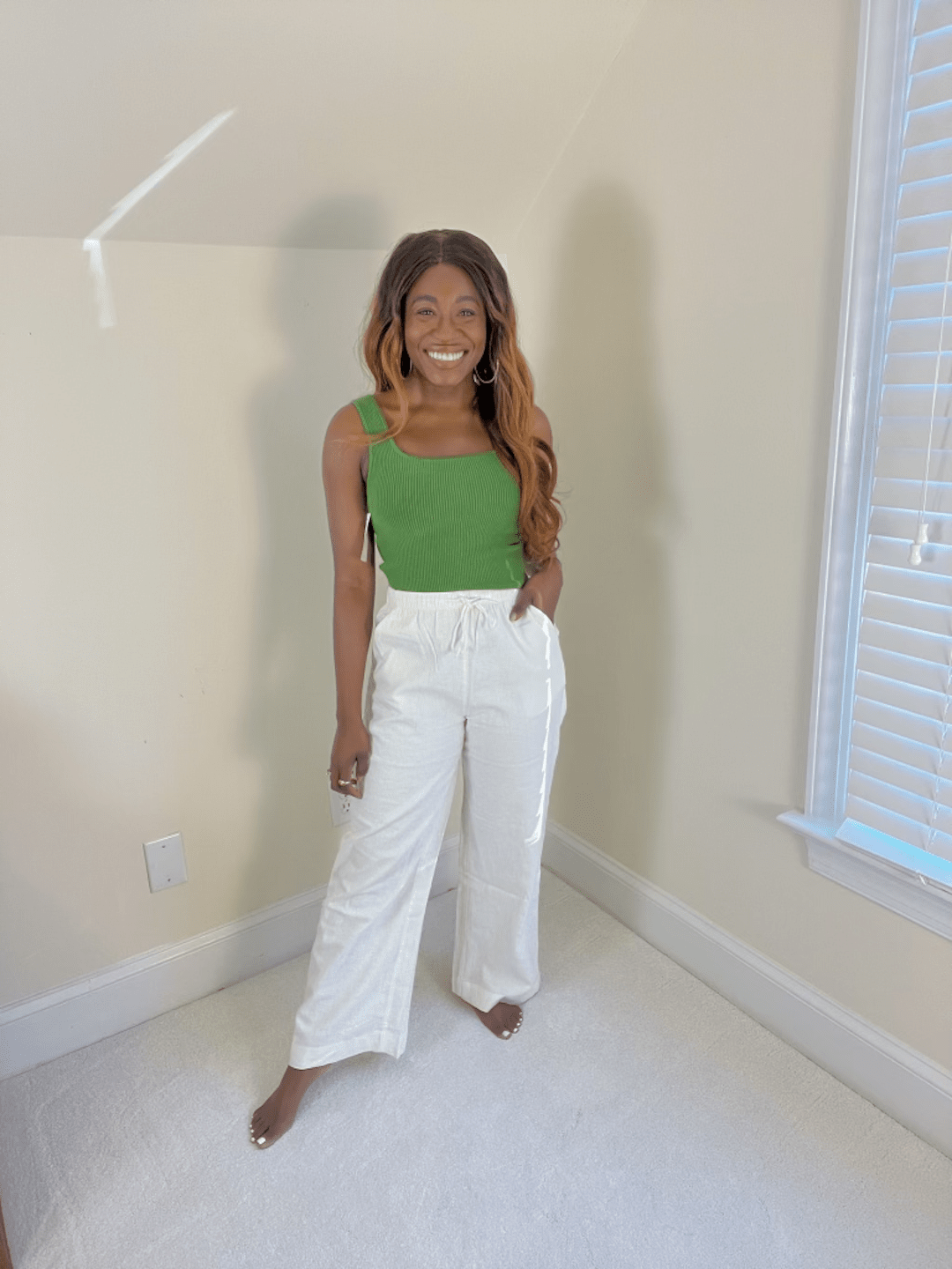 Simple Green Ribbed Tank with White Linen-Blend Pants — Green Outfits
