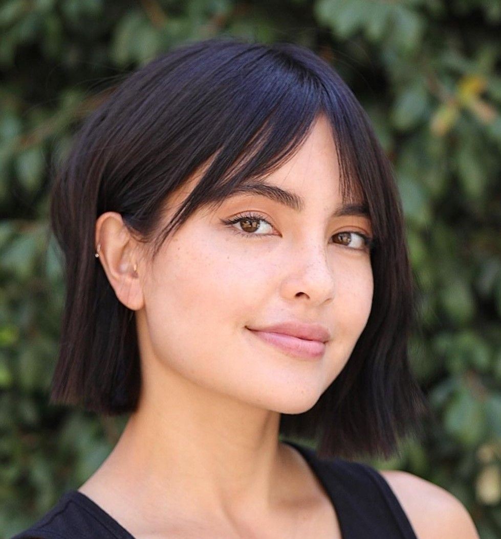 Dark Brown Chin Length Bob With Blunt Bangs — Haircuts for Round Faces
