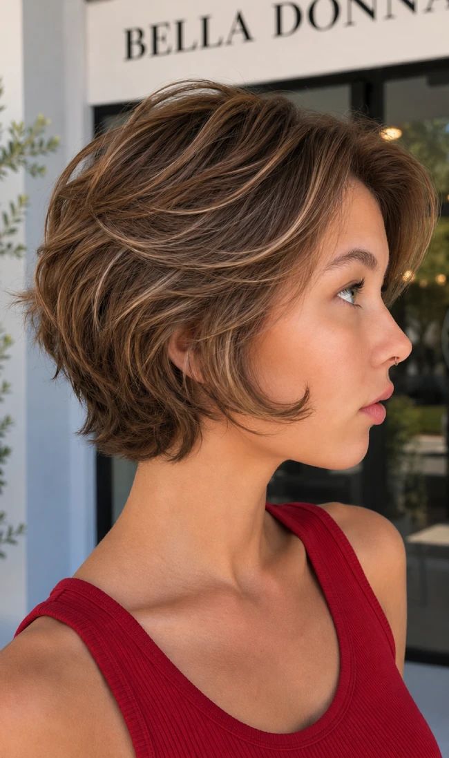 Feathered Mocha Bixie With Highlights Feathered Mocha Bixie With Highlights — Bixie Haircut