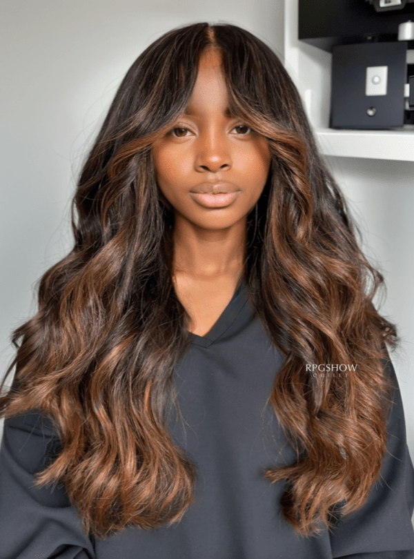 Dark Brown Waves With Caramel Highlights — Middle Part Hairstyles