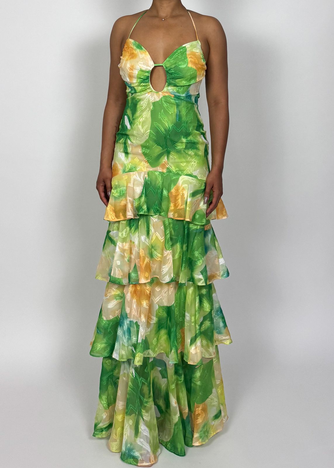 Halter Neck Floral Tiered Maxi Dress for Evening Events — Tiered Dresses