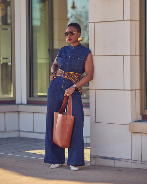 Dark Blue Denim Jumpsuit with Striped Belt Dark Blue Denim Jumpsuit with Striped Belt — Utilitarian Outfits