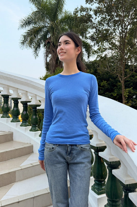 Blue Ribbed Long-Sleeve Top Outfit Idea Blue Ribbed Long-Sleeve Top Outfit Idea — Brandy Melville Outfits