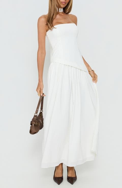 White Strapless Bodice and Pleated Chiffon Maxi Skirt Set — Princess Polly Outfits