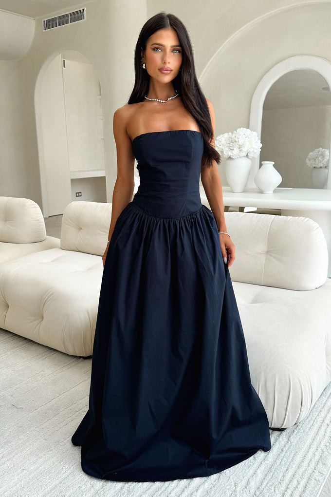 Navy Strapless Maxi Dress with Voluminous Fit-and-Flare Skirt — Strapless Dresses