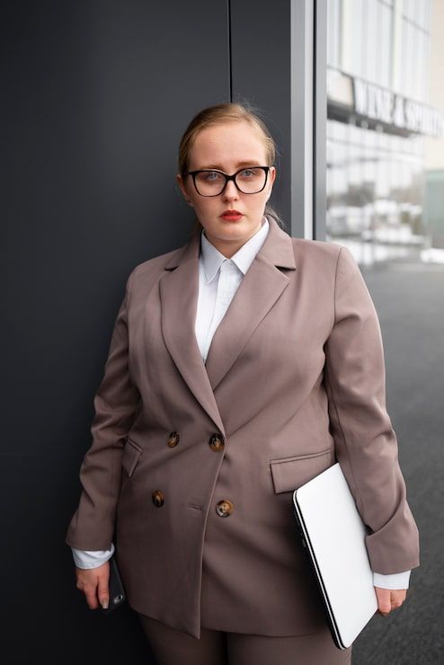 Brown Double-Breasted Suit with White Shirt for a Polished Look — She Carries A Laptop And Wears Glasses Brown Double-Breasted Suit with White Shirt for a Polished Look — She Carries A Laptop And Wears Glasses — Lawyer Outfits