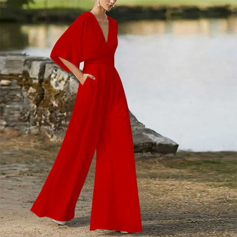 Vibrant Red Jumpsuit with Dramatic Batwing Sleeves Vibrant Red Jumpsuit with Dramatic Batwing Sleeves — Jumpsuits