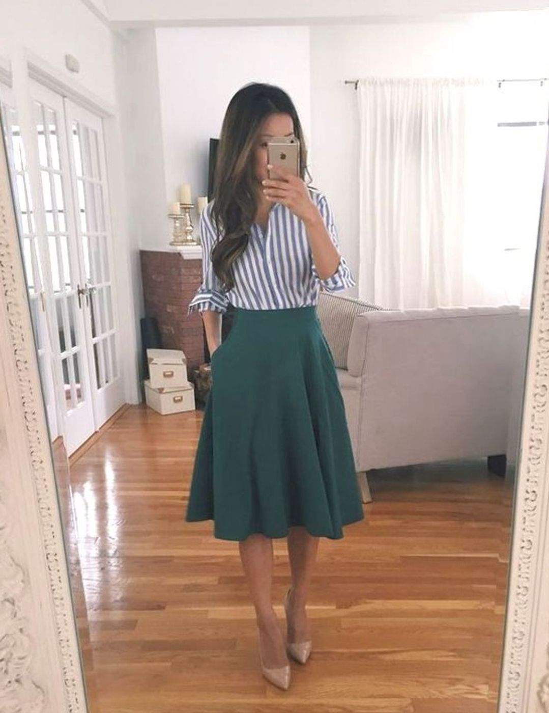Striped Button-Down with a Dark Green A-Line Skirt — Preschool Teacher Outfits