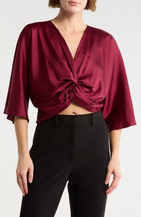 Burgundy Twisted Knot Satin Crop Top — Satin Top Outfits
