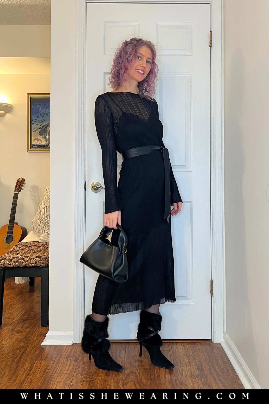 Pleated Midi Dress with Fur-Trimmed Boots: A Textured Evening Look Pleated Midi Dress with Fur-Trimmed Boots: A Textured Evening Look — Bar Crawl Outfits