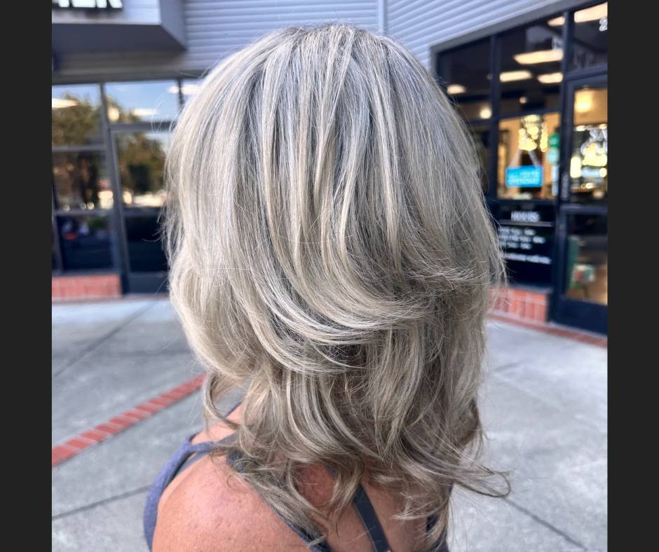 Layered Bob Natural Gray Blend Layered Bob Natural Gray Blend — Gray Blending for Dark Hair