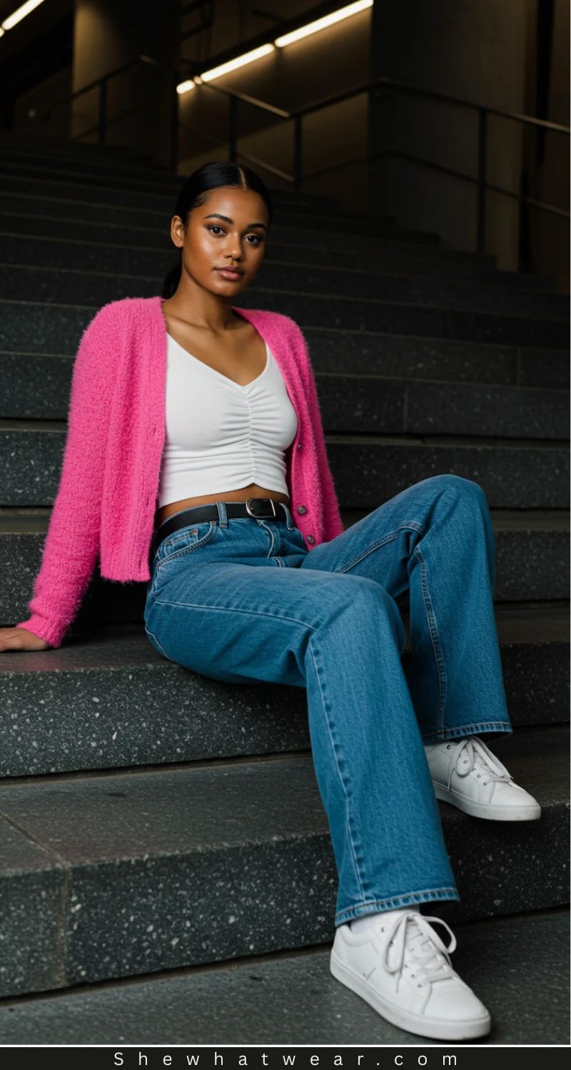 Vibrant Accents: Dark Blue Bootcut Jeans with Red Sandals and Floral Top Vibrant Accents: Dark Blue Bootcut Jeans with Red Sandals and Floral Top — Bootcut Jeans Outfits
