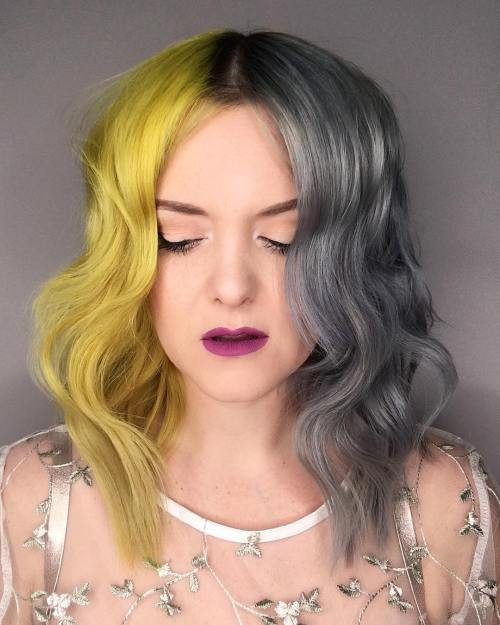 Neon Yellow and Silver Grey Bob Neon Yellow and Silver Grey Bob — Split Dye Hair