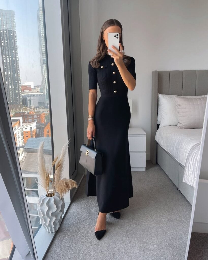 Black Knit Maxi Dress with Gold Button Detail Black Knit Maxi Dress with Gold Button Detail — Corporate Baddie Outfits